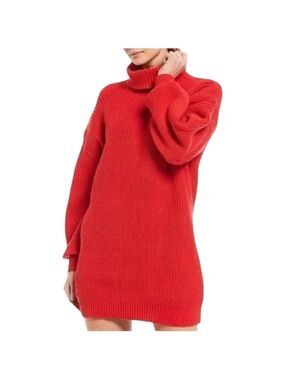 Micha Lounge Balloon Sleeve Turtleneck Chunky Knit Sweater Dress Red Orange Sz L